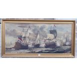 An oil on canvas, naval battle, 23" x 51", in gilt strip frame