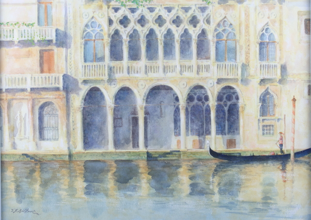 Terence Gilbert: watercolours, "The Ca d' Oro, Venice" 13" x 18 1/2", in silvered frame