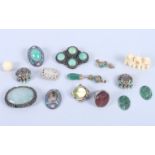 A selection of Chinese silver and enamelled jewellery some with jade inserts, a carved ivory