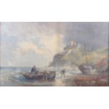 J Dampster: watercolours, Fowey Castle - Cornwall, 8" x 14", in gilt frame