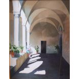 Leslie Banks: oil on canvas, "San Gemignano Cloister II", 7 1/2" x 6", in painted frame