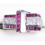 An Art Deco white metal cocktail ring, set diamonds and rubies, ring size O