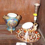 A Royal Crown Derby Imari porcelain tea cup, coffee cup and saucer, a silver bud vase and a Noritake