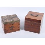 A 19th century oak and brass bound strong box, 7" wide, and a mahogany tea caddy, 7" wide