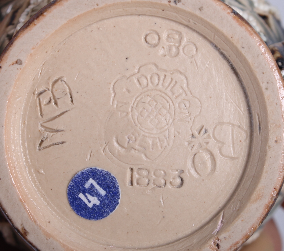 A pair of Doulton Lambeth stoneware salts, on scroll feet, 3" dia, and a similar mustard pot by Mary - Image 4 of 5