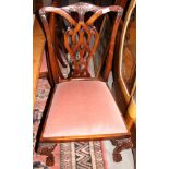 A set of six Chippendale design mahogany dining chairs, with drop in seats, on carved cabriole
