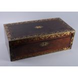 An early 19th century rosewood and brass inlaid writing box, 20" wide