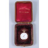 A 14ct gold cased open faced fob watch with white enamel dial, Arabic numerals and subsidiary