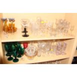 Six 19th century green glass wines, a ruby glass wine and other table glass
