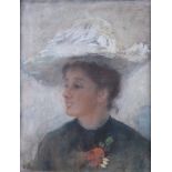 English 20th century: pastel, study of a woman with large sun hat, 15 1/2" x 12 1/2", in painted