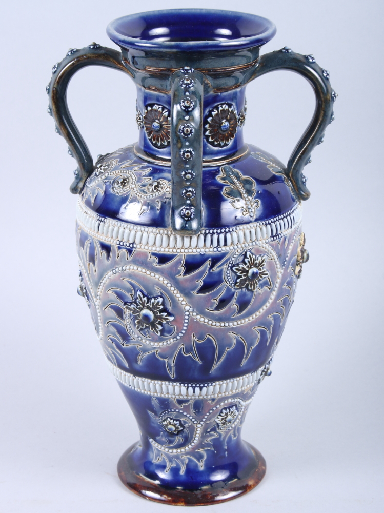 A Doulton Lambeth sprig and incised decorated four-handled vase, 10 1/2" high