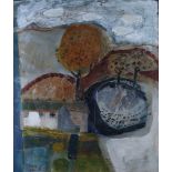 Daphne McClure: mixed media on canvas, landscape with trees, 20 1/2" x 24", in painted frame