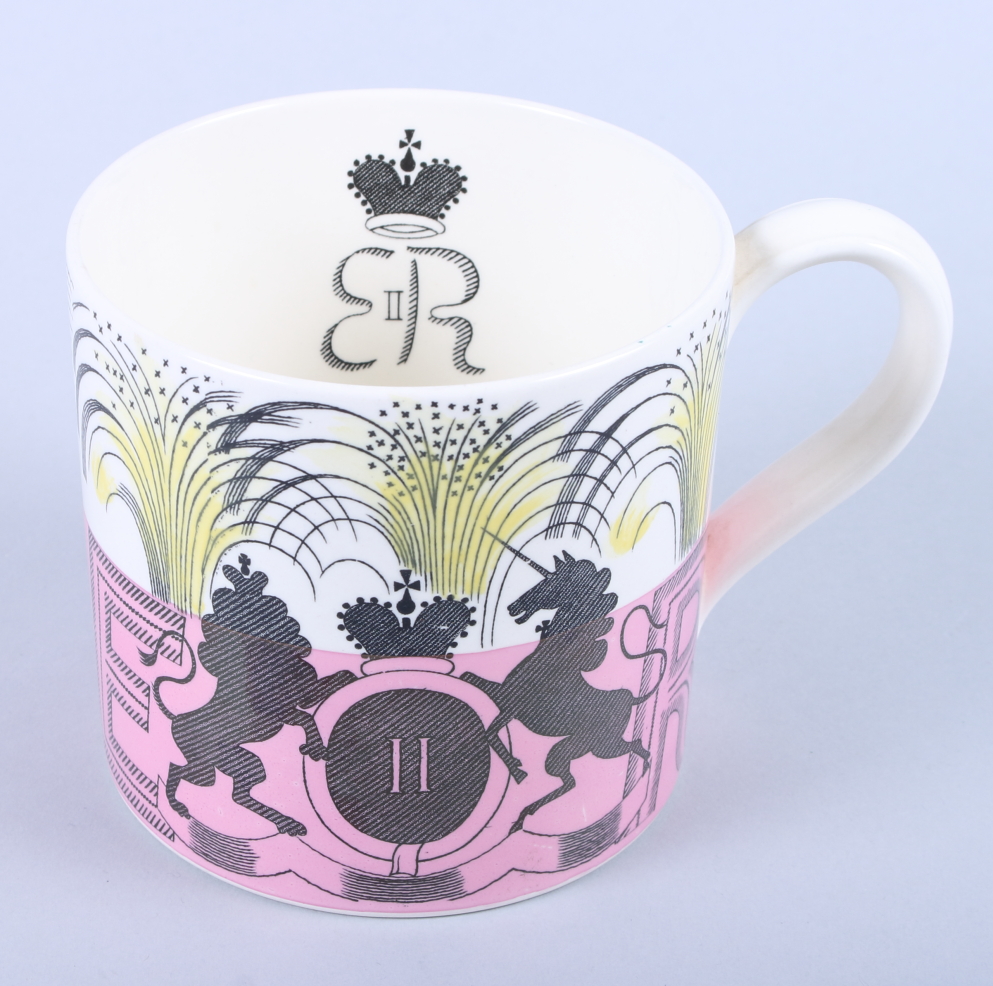 A Wedgwood mug, designed by Eric Ravilious, commemorating the 1953 Coronation of Queen Elizabeth II,