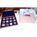 A collection of British and World coins, various medallions and regimental badges, etc