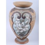 A Doulton Lambeth silicon Eliza Simmance incised and slip decorated vase with a lily design, 40"