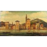 A colour print on board, Italian harbour scene after 16th century master, unframed