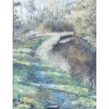 Brian Hammond: three watercolours, " The path by the Bourne below Sulham Wood", 13" x 10", in