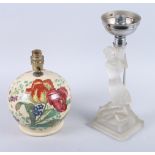 A frosted glass figure table lamp and a Copeland Spode floral decorated table lamp