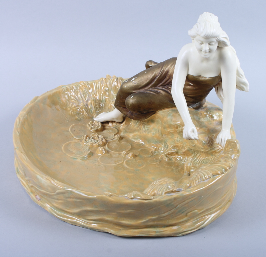 A Honenstein Art Nouveau table centre, formed as a girl sitting by a pond feeding a duck (damages - Image 4 of 8