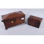 A 19th century mahogany sarcophagus tea caddy, on bun feet, 12" wide, and a smaller tea sarcophagus,