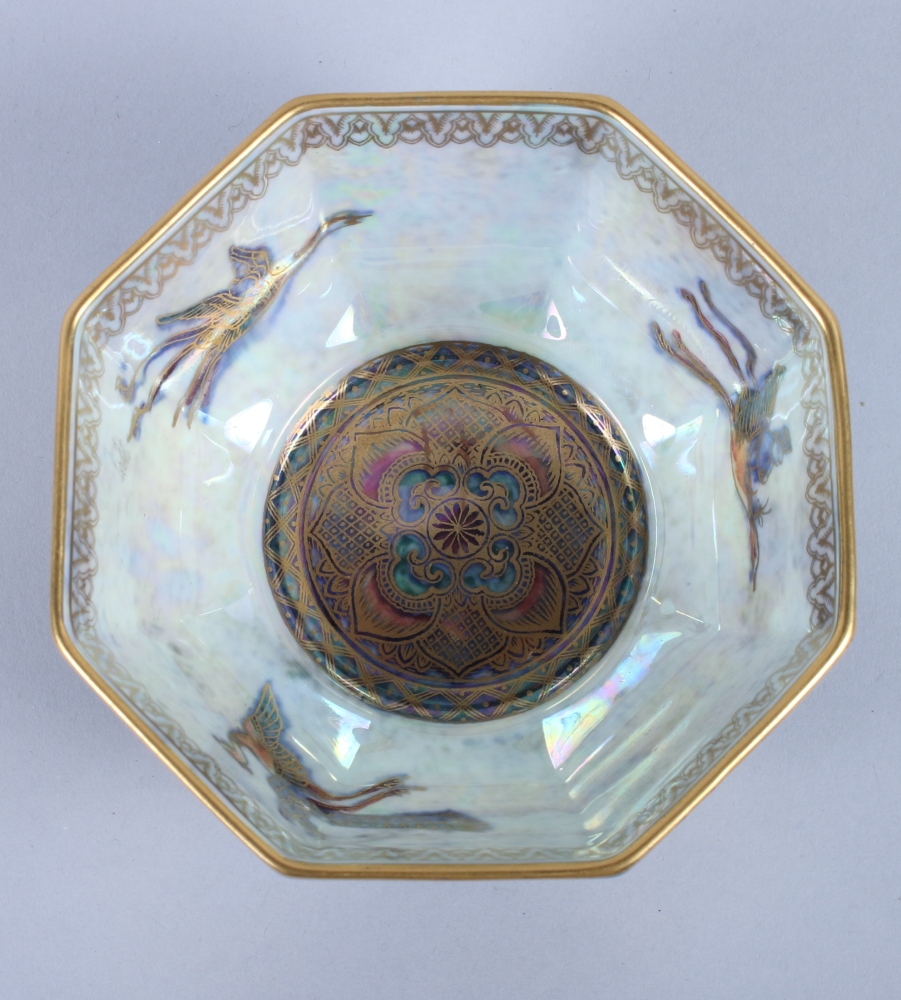 A Wedgwood octagonal lustre porcelain bowl, decorated birds and dragons, with Greek key border, gilt - Image 2 of 5