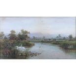 Fred Miller: watercolours, river scene with swans and cattle grazing, 9 1/2" x 17", in gilt frame