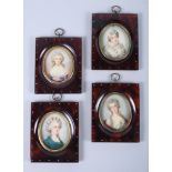 A set of four mid 20th century portrait miniatures, in faux tortoiseshell frames, 4" x 3 1/4" each