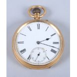 An 18ct gold cased open faced pocket watch with white enamel dial, roman numerals and subsidiary