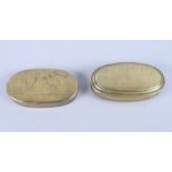 Two early 19th century Dutch brass oval tobacco boxes, with engraved hinged lids, 5" wide