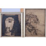 Bruce Robertson: a group of sepia etchings, town scenes, in frames, and J A May: a signed artists