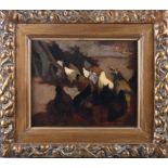 Horance Mann Luvens: 20th century oil on board, feeding chickens, in gilt frame