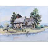 Liz Deakin: a pair of watercolours, views of riverside cottages, in silvered frames, and a golfing