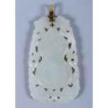 A Chinese jade pendant, carved symbols for presents and wealth, surrounded a border of bats and
