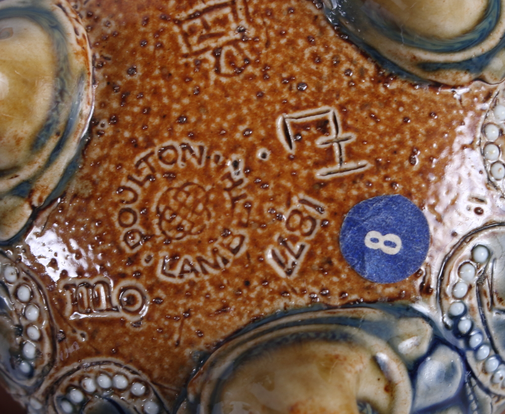 A pair of Doulton Lambeth stoneware salts, on scroll feet, 3" dia, and a similar mustard pot by Mary - Image 5 of 5