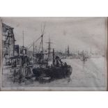 Percy Thomas: a signed etching, Pool of London, 1 other landscape print and three fashion plates,