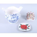 A Delft three bells pottery blue and white jardiniere, a Staffordshire 'cottage' pastel burner and
