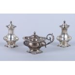 An Edwardian three-piece cruet set, comprising salt, pepper and mustard, 5oz troy approx