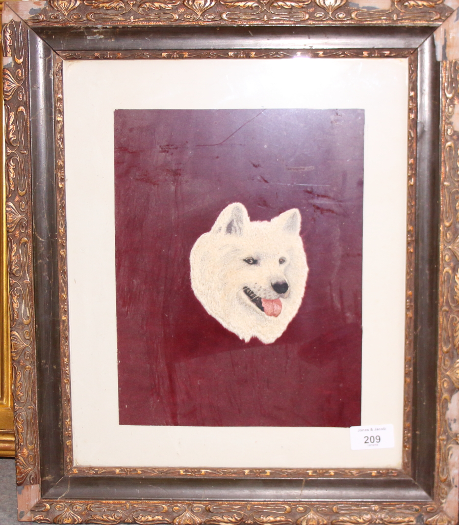 A silk embroidered panel portrait of a husky/malamute, in Art Nouveau frame