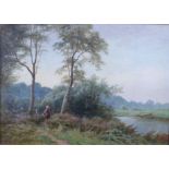 J B Noel: early 20th century oil on board, river scene with figures and animals, 13 1/2" x 9", in