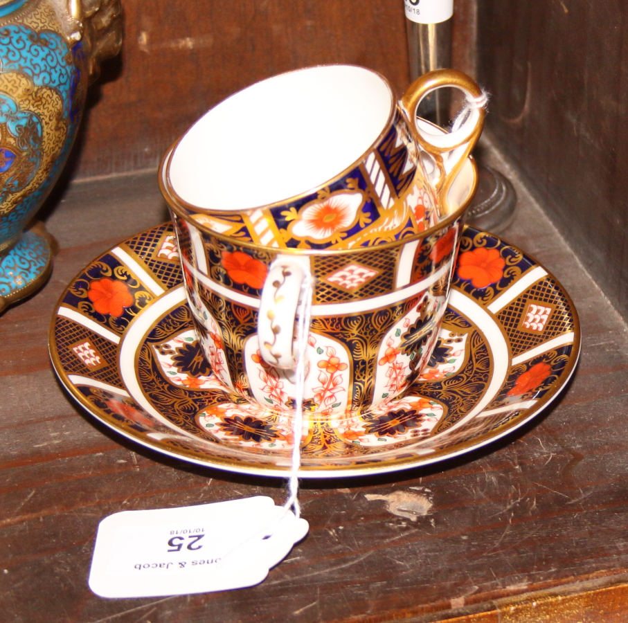 A Royal Crown Derby Imari porcelain tea cup, coffee cup and saucer, a silver bud vase and a Noritake - Image 2 of 3