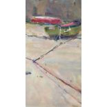 Hariet Bell 2004: oil on canvas faced board, small boats drawn up in Mousehole harbour, 11 3/4" x