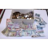 A collection of British copper pennies, and a selection of world coinage and bank notes, including