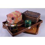 An oak two-handled tea tray, a smaller similar tray, a 19th century lacquer decorated box, a