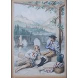 A pair of 19th century watercolour sketches, woman and a balcony in the Alhambra, and the companion,