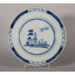 An 18th century London delft plate with "Long Liza" figure in landscape decoration, 8 3/4" dia (