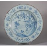 An 18th century Liverpool delft charger with figures and a swan decoration, 11 7/8" dia (