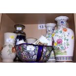 A Doulton Lambeth stoneware vase, a pair of Doulton Lambeth floral decorated vases, a Masons