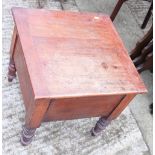 A box seat commode stool with liner, on turned supports
