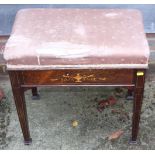 A rosewood and inlaid box seat piano stool, on square taper supports