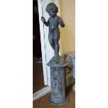 A cast lead figure of a putto, on embossed base, 37" high